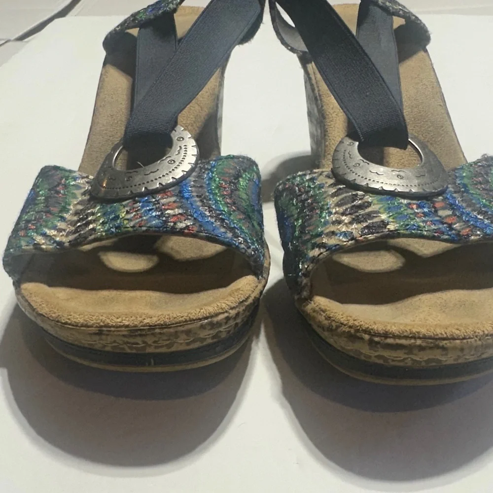 Rieker Roberta Peacock Colorful heeled wedge Sandals metallic ring elastic strap